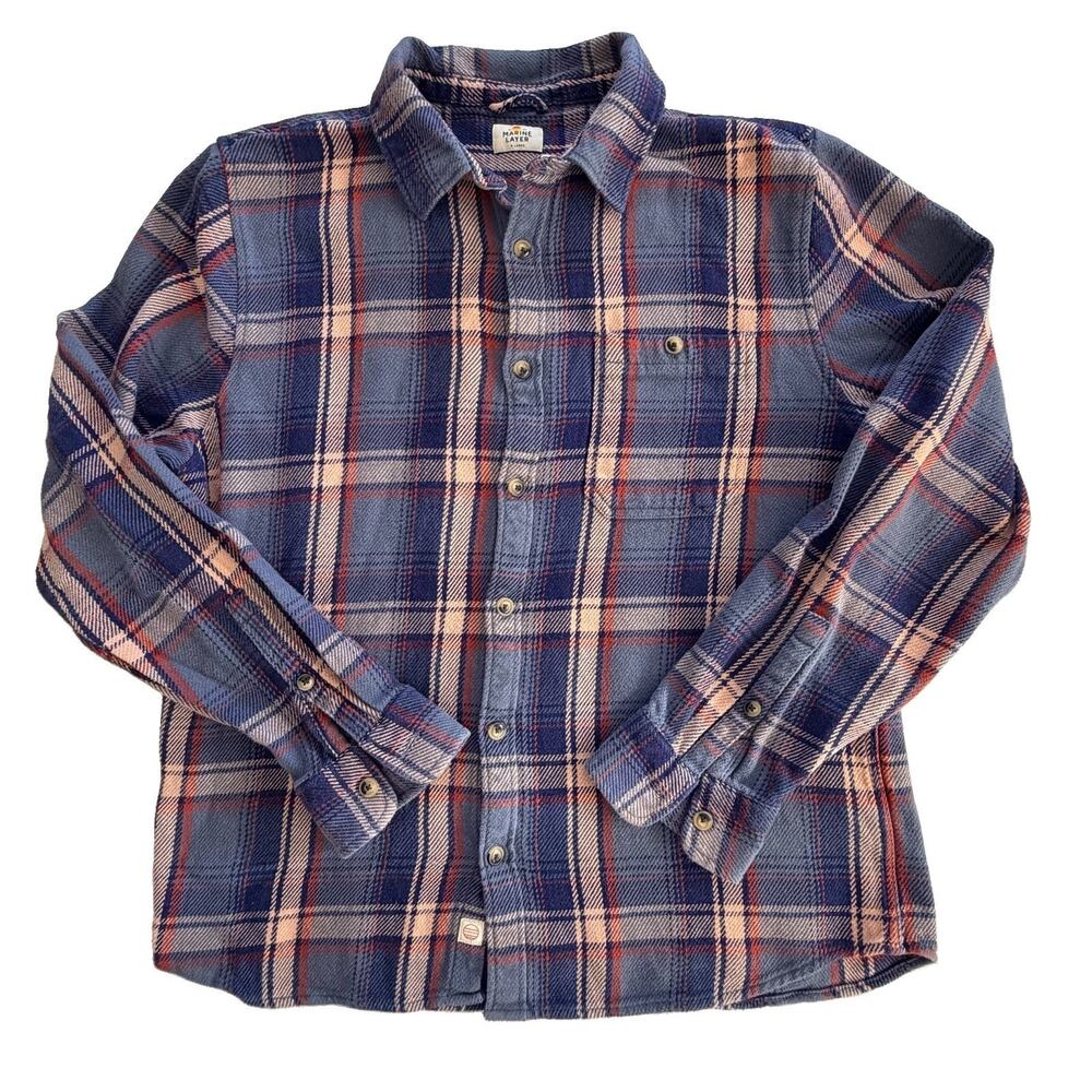 Marine Layer Cole Textured Twill Shirt Men XL Indigo Dyed Blue Plaid Button EUC
